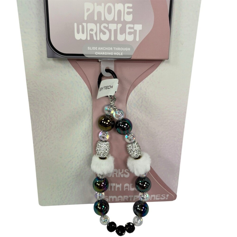 BYTECH Phone Wristlet Charm Strap Beaded Rhinestone Pom Poms 5.5 in